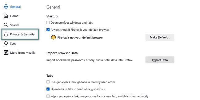 click privacy and security button