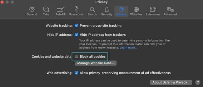 すべてのCookieをブロックするボタンをチェック
