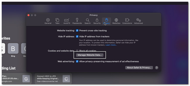 haga clic en administrar datos del sitio web