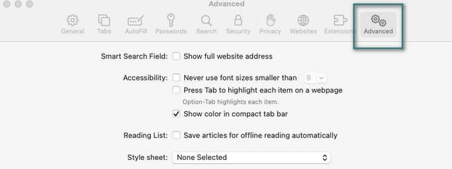click advanced button on mac safari