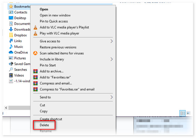 click delete button on windows bookmarks folder