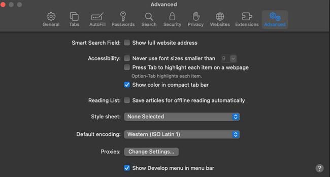 click advanced on safari settings