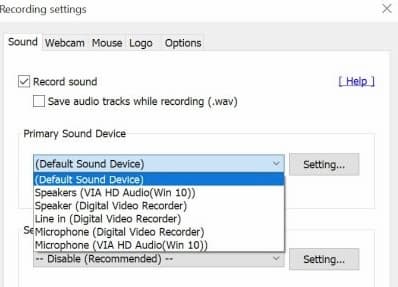 configuración de grabación bandicam