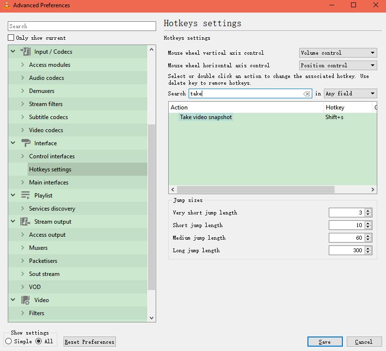 change vlc snapshot shortcut settings
