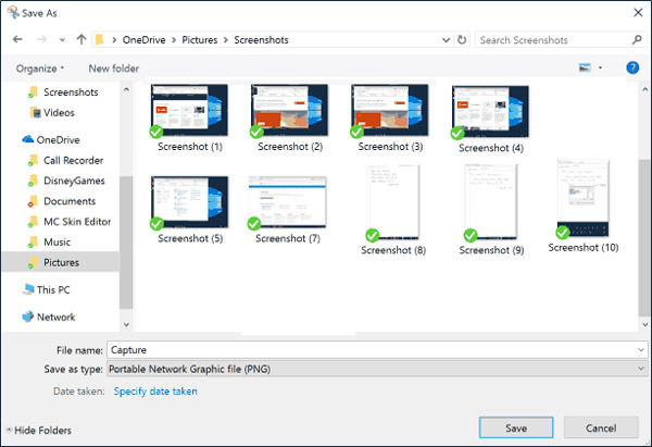 elegir capturas de pantalla onedrive