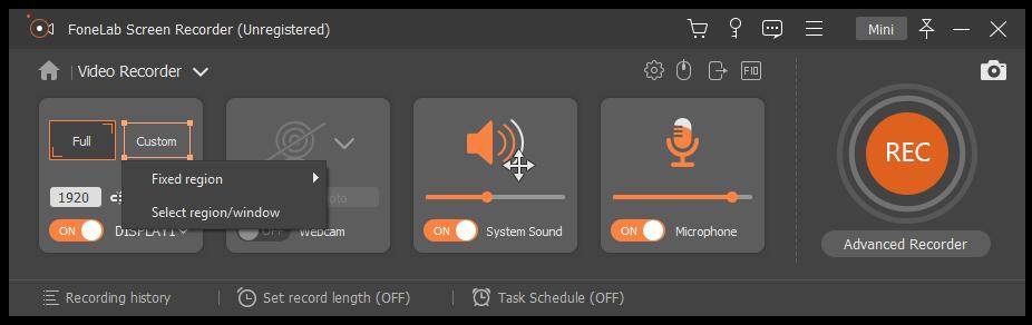 select full screen or fixed region to record screen