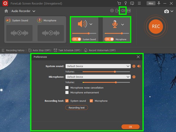 Regolazioni audio di sistema e volume del microfono.