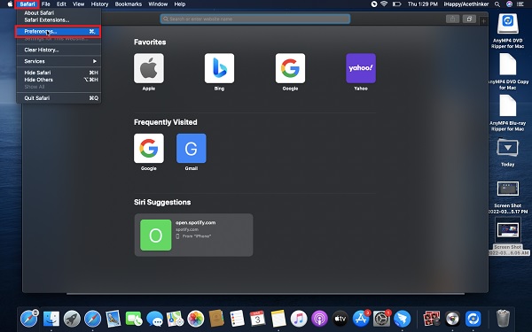 open Safari on your Mac and then select Preferences