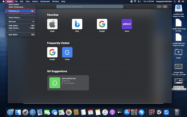 open Safari on your Mac and then select Preferences