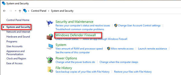 Vælg Windows Defender Firewall