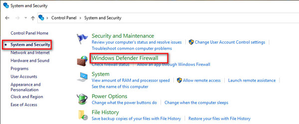 Επιλέξτε Τείχος προστασίας του Windows Defender