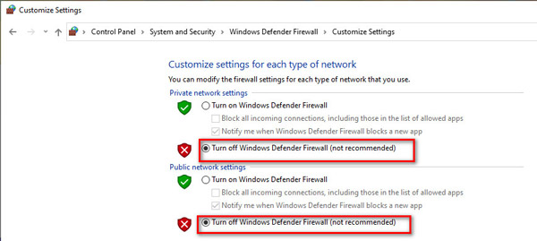 Turn OFF Windows Defender Firewall