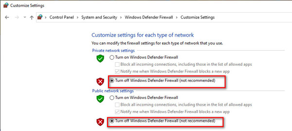 Apague el firewall de Windows Defender