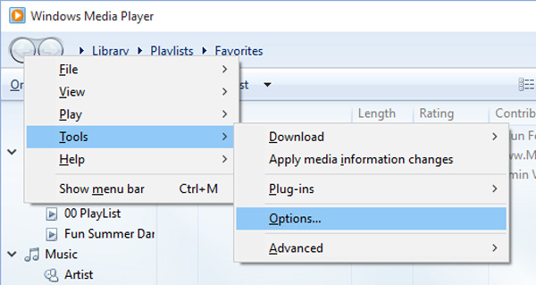 opzioni di Windows Media Player