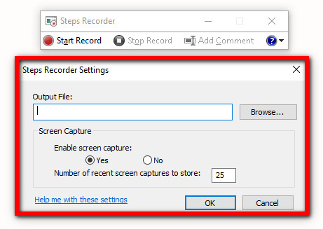 Steps Recorder settings