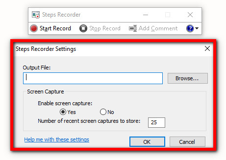 Настройки Steps Recorder