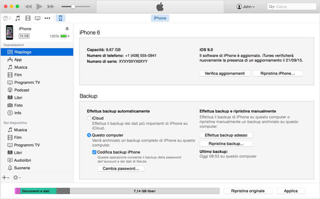 backup iphone con iTunes