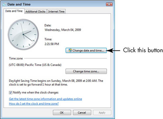 change windows time and date