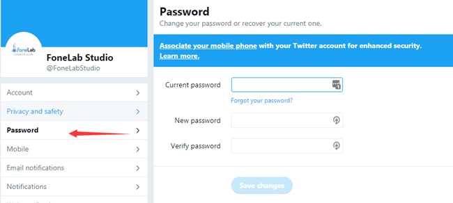 cambia la password di twitter