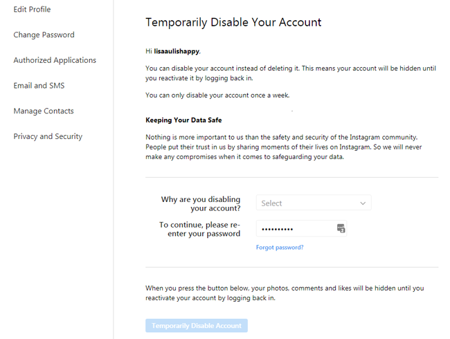 deactivate instagram account