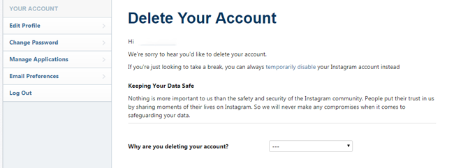 delete instagram account