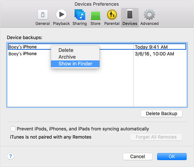 Posizione di Backup di iTunes