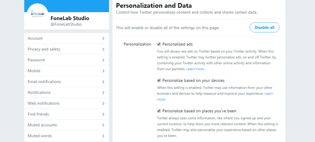 aggiungi la privacy di Twitter