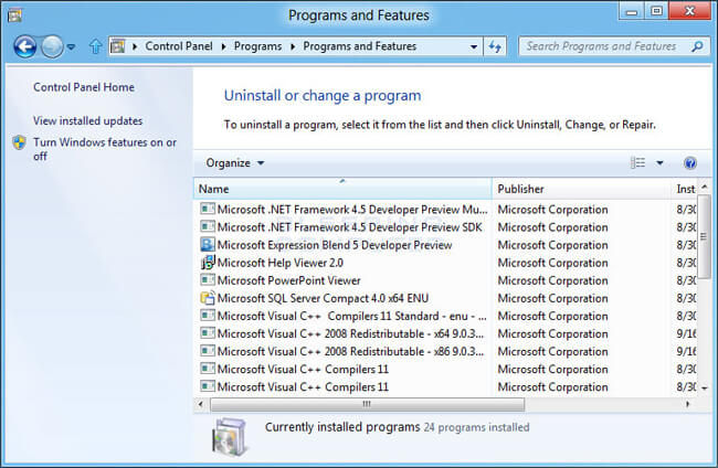 win 7 program and features