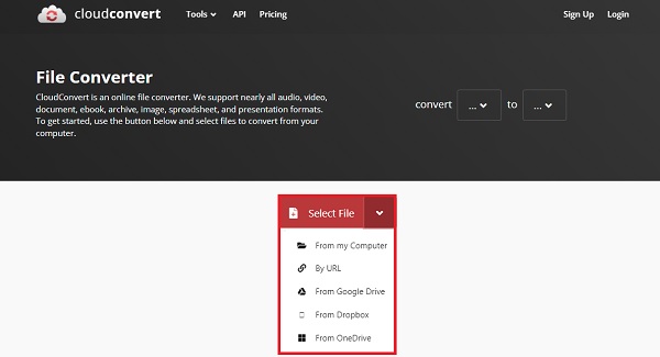 Selecting files in CloudConvert online converter