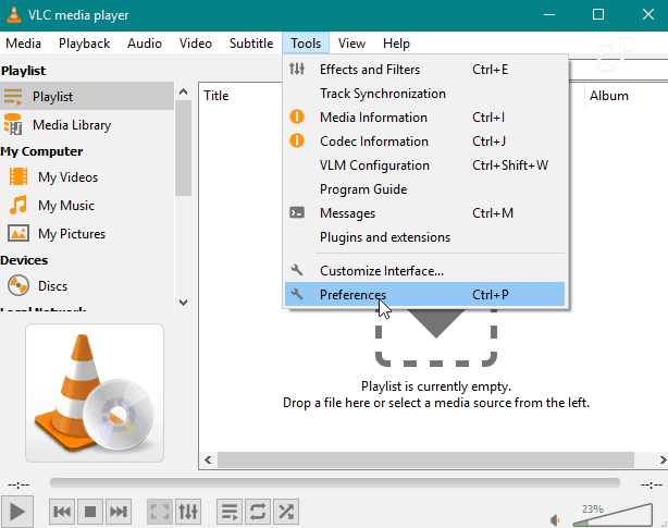 VLC media player Tools menu - Preferences
