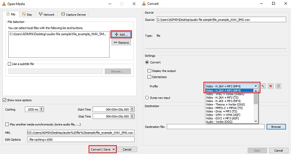 Convert WAV to MP4 using VLC