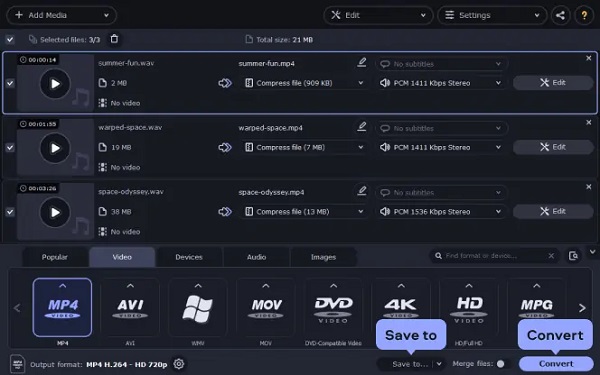 Convert WAV to MP4 via Movavi