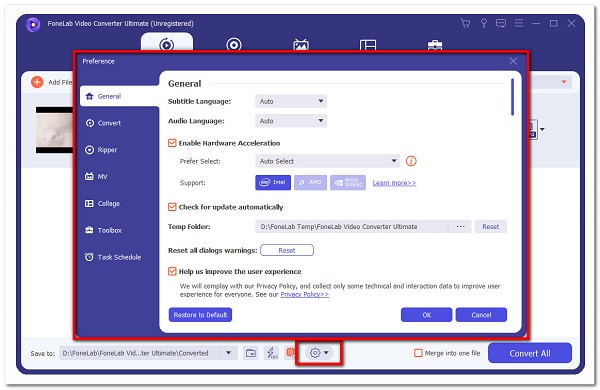 painel de configurações