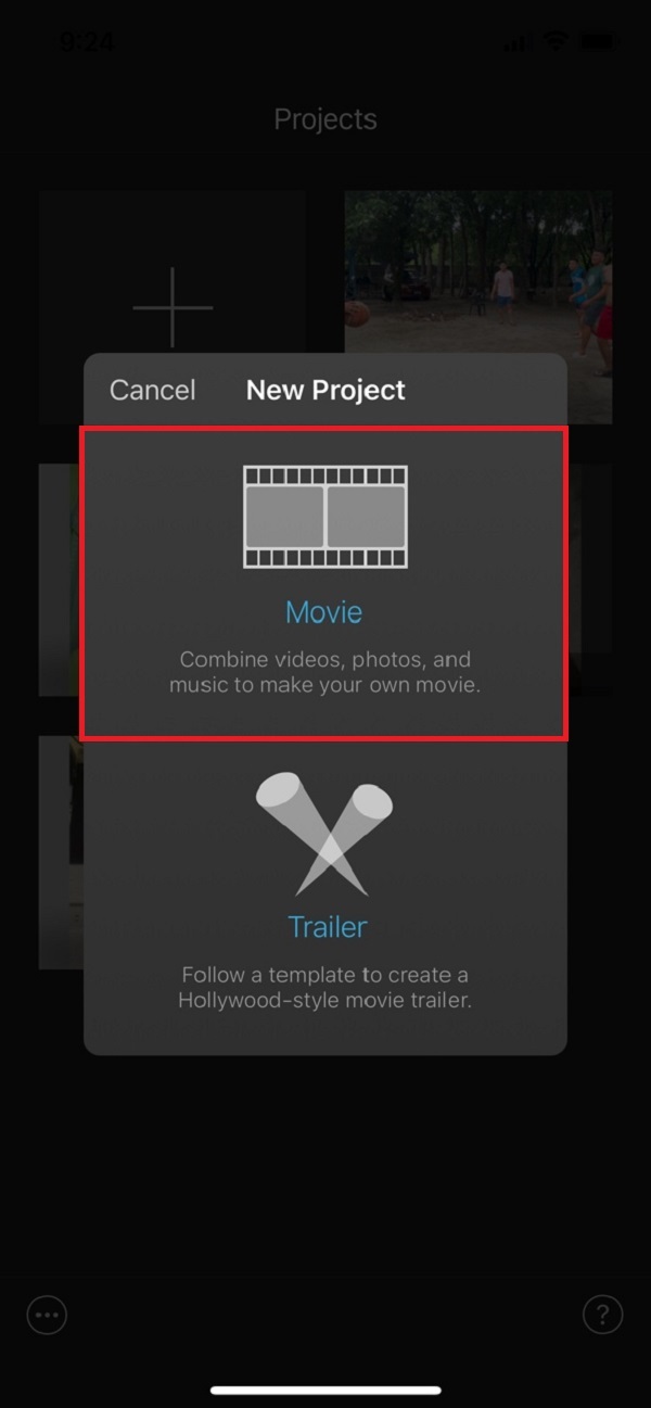 imovie new project panel movie