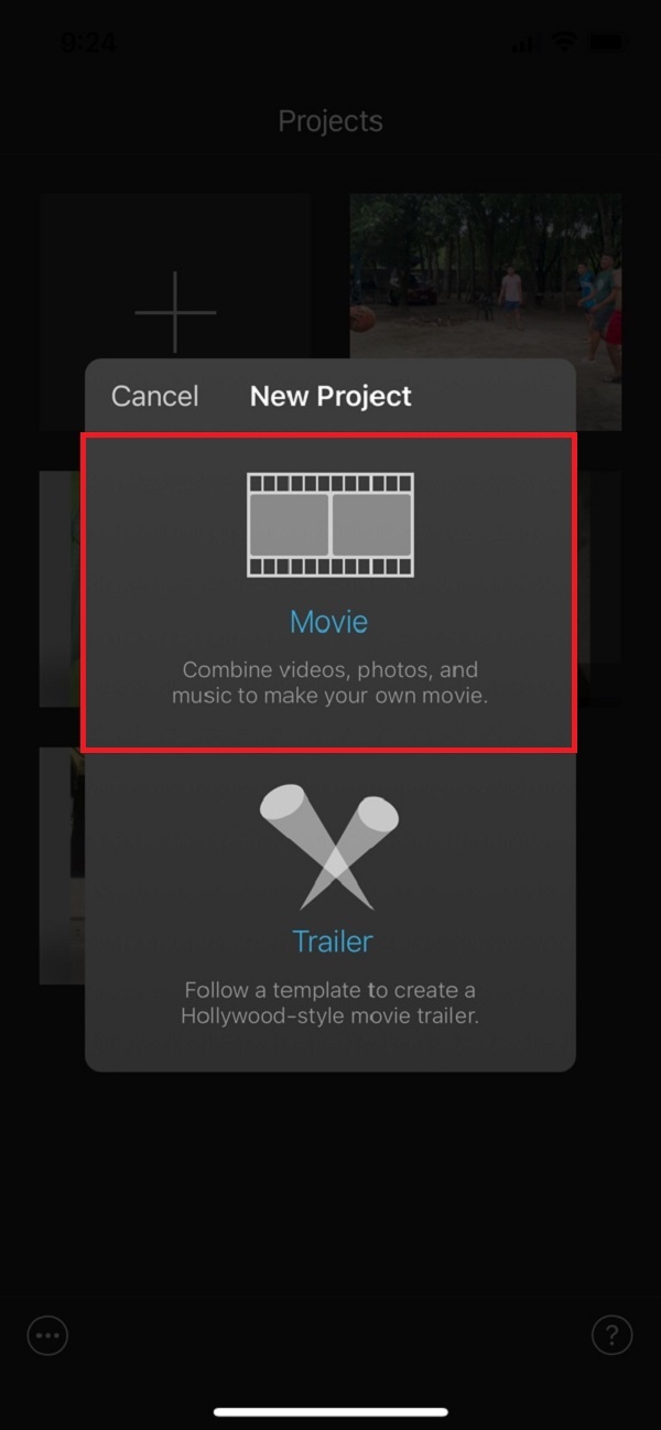 imovie neuer Projektpanel-Film