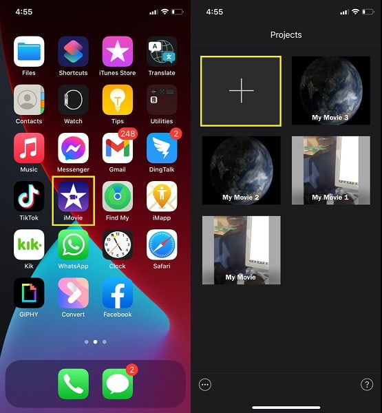 opening the iMovie app on your iPhone