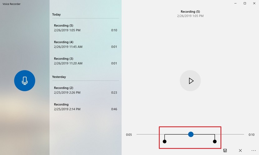 Audio del trim del registratore vocale di Windows 10