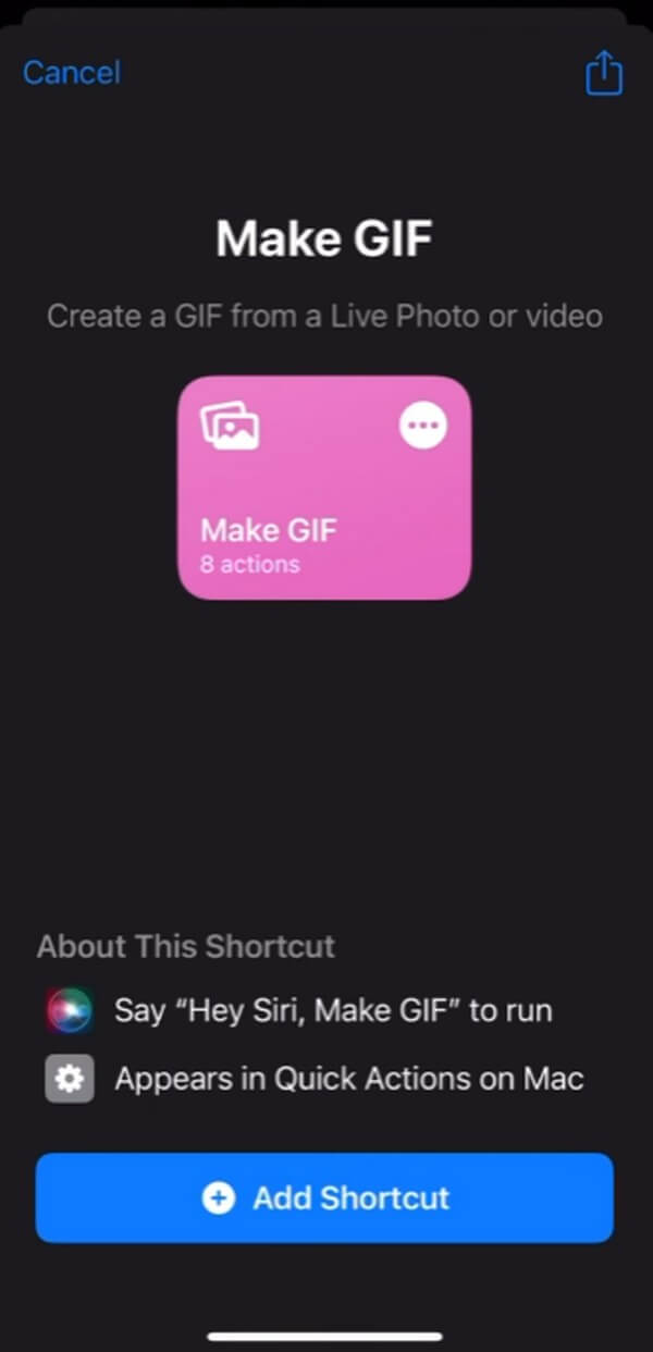 「Make GIF」を検索し、「Add Shortcut」タブをタップします